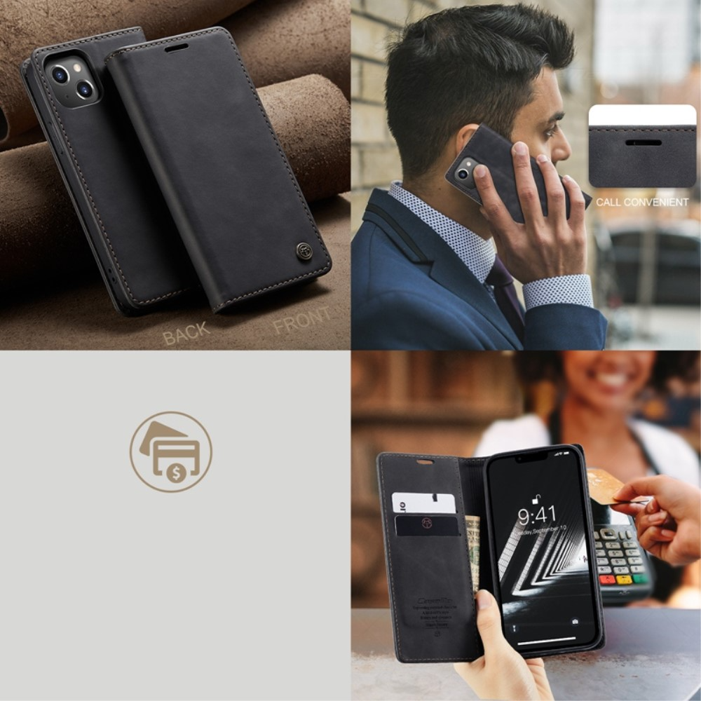 iPhone 14 Leder Tasche Flip Wallet Etui mit Kartenfächern - Schwarz