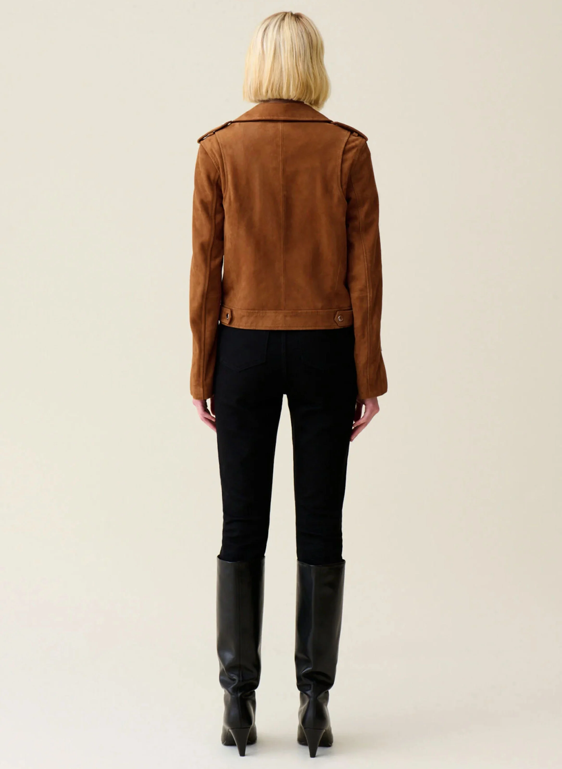 Veste courte en cuir velours | Marron