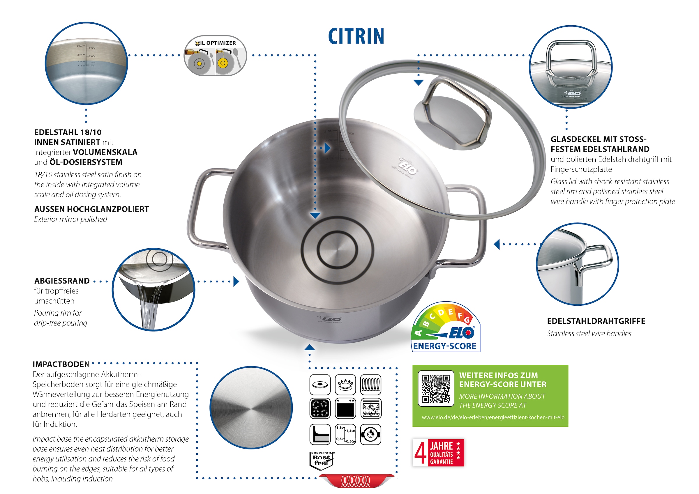 Elo Topf-Set »Citrin« Set, je 1 Fleischtopf Ø 16/20/24 cm, 1x Stielkasserolle Ø 16 cm, 7 Stk. tlg. Edelstahl