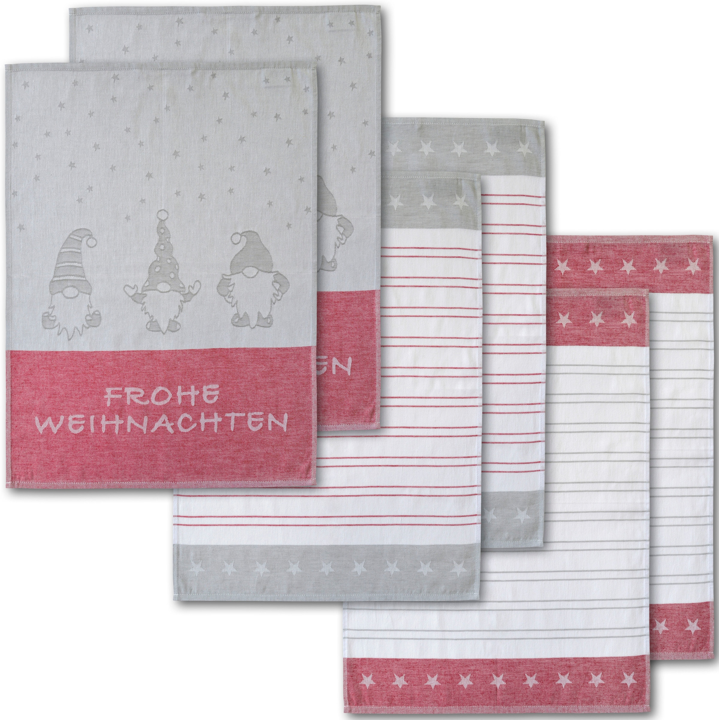 Dyckhoff Geschirrtuch »Wichtel, mit Schriftzug Frohe Weihnachten, Streifen und Sternen« mit 3 verschiedenen Motiven, Masse je Tuch ca. 50x70 cm, 100% Baumwolle