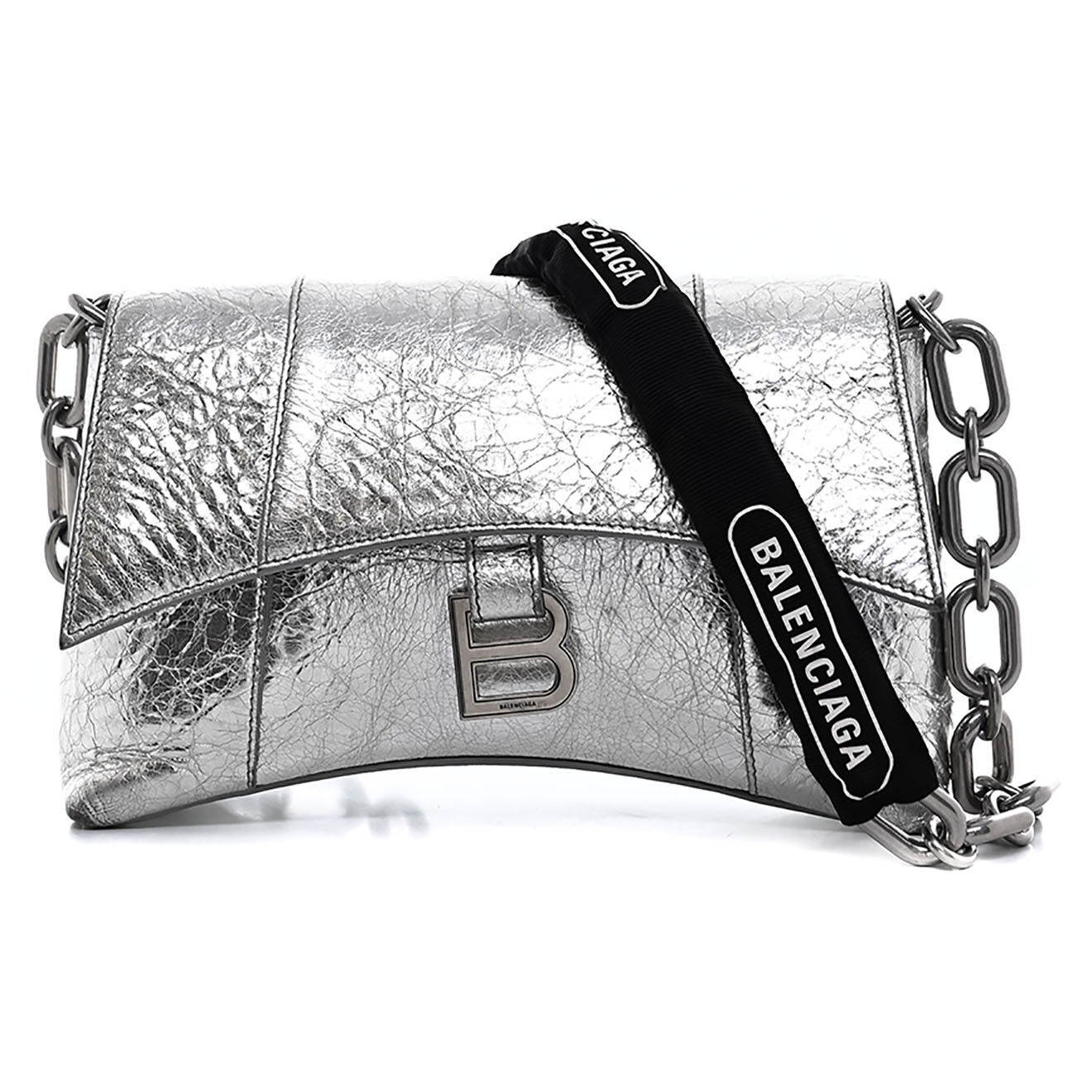 Balenciaga Sac bandoulière Hourglass Chaine en Cuir argenté - Bon état - L.26 cm