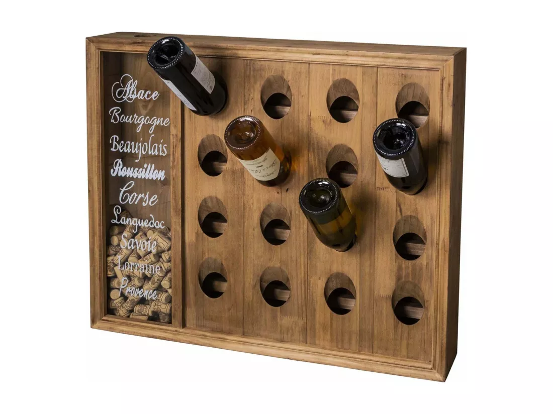 Range bouteilles mural en bois 16 bouteilles avec réserve bouchons