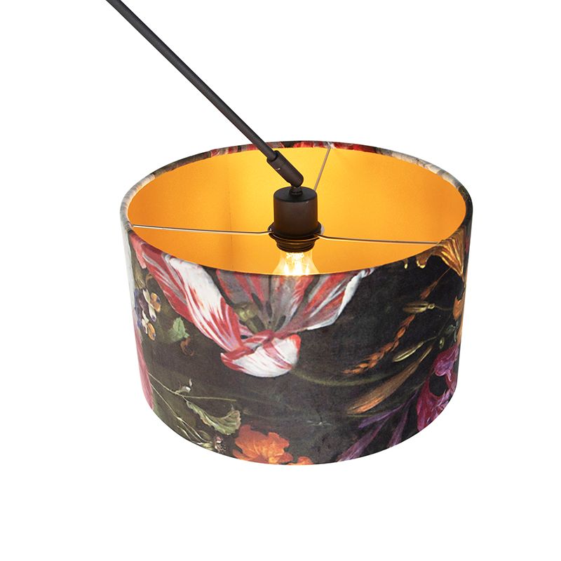 Hanglamp zwart met velours kap bloemen met goud 35 cm - Blitz