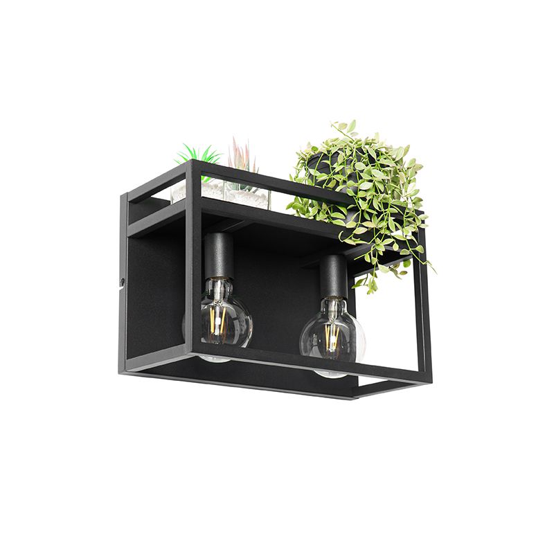 Industriële wandlamp zwart met rek 2-lichts - Cage Rack