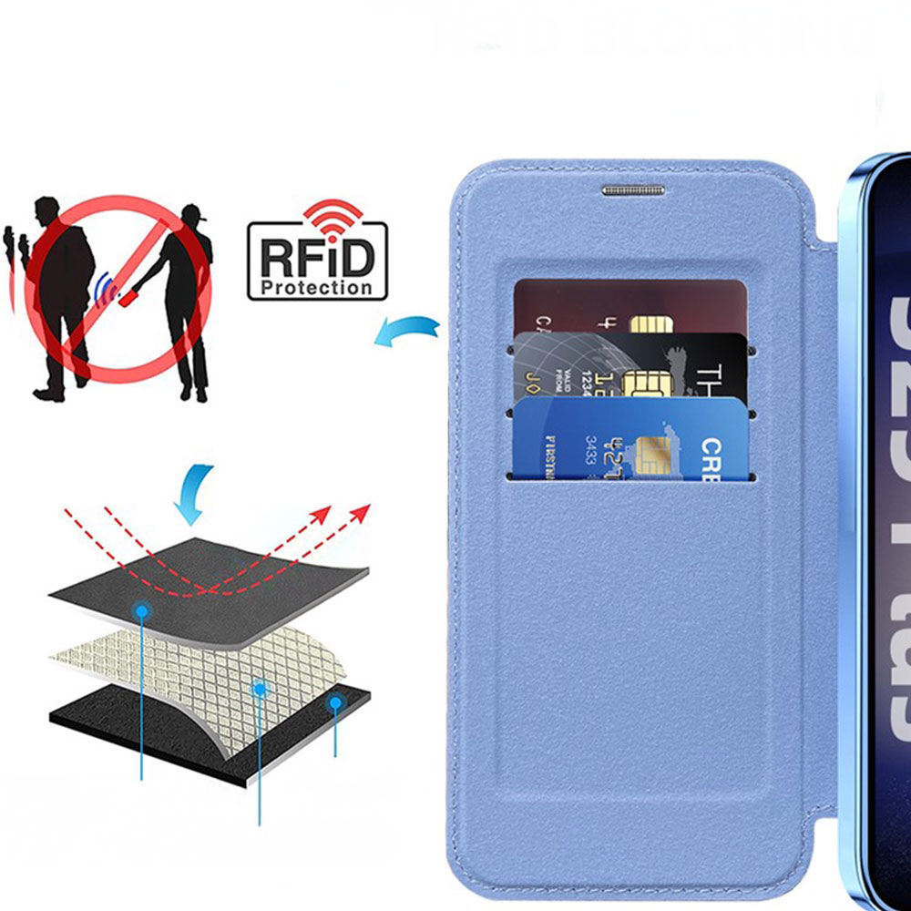 Samsung Galaxy S25  Plus Hybrid Leder Tasche   Kunststoff Rückseite MagSafe-Modul mit Steppmuster (RFID Schutz) - Blau / Transparent