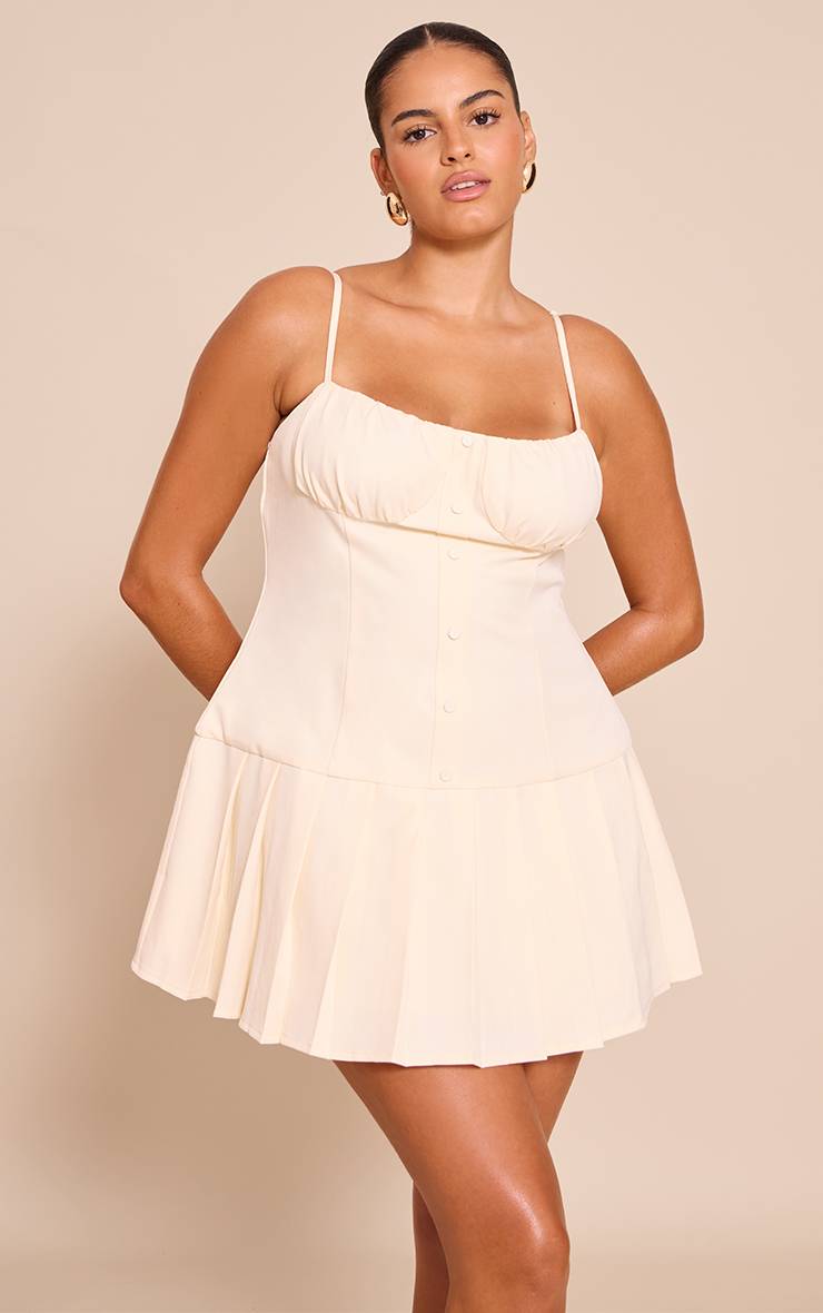 Pale Yellow Robe Droite Plissée À Détails Boutonnés En Tissu Tissé Grande Taille