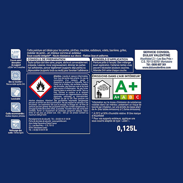 Peinture laque pour boiseries Valénite Dulux Valentine satin blanc 0,125L