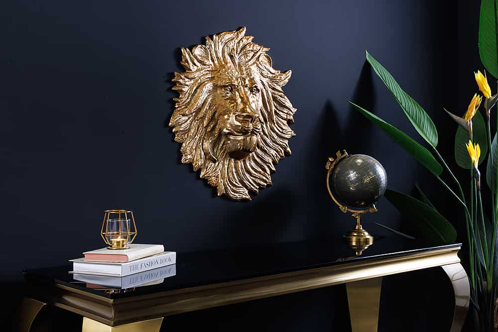 Goldene Wanddeko WILDLIFE LION 35cm gold Metall Löwenkopf-Skulptur handmade