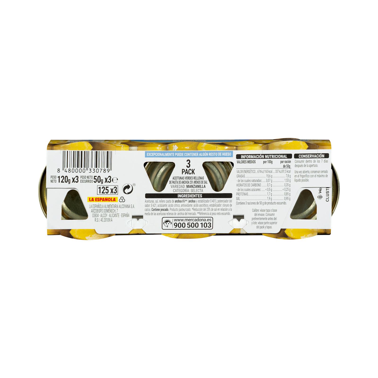 Olives vertes farcies aux anchois Hacendado, réduites en sel