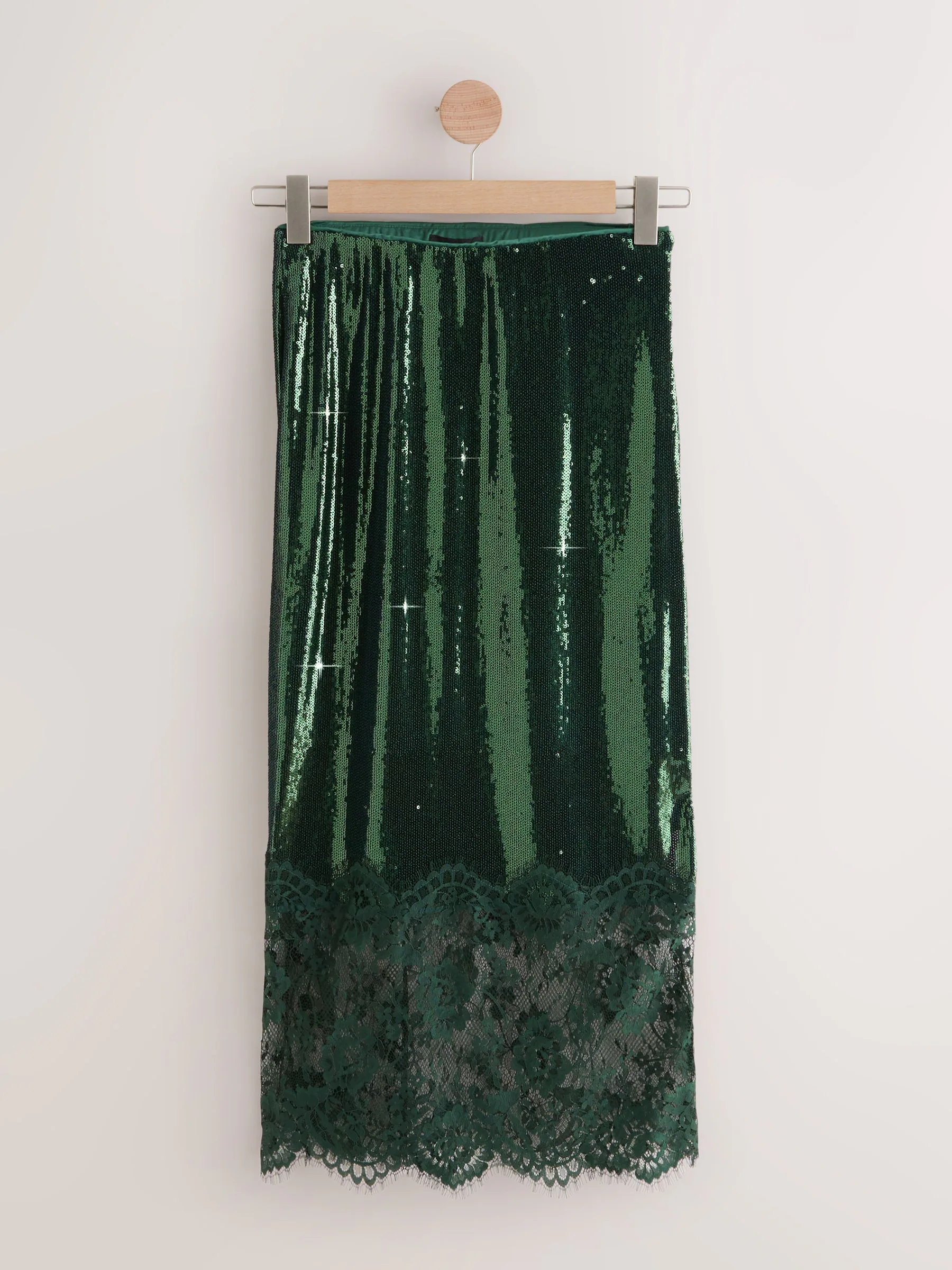 Groen - Sequin Midi Skirt With Lace Trim