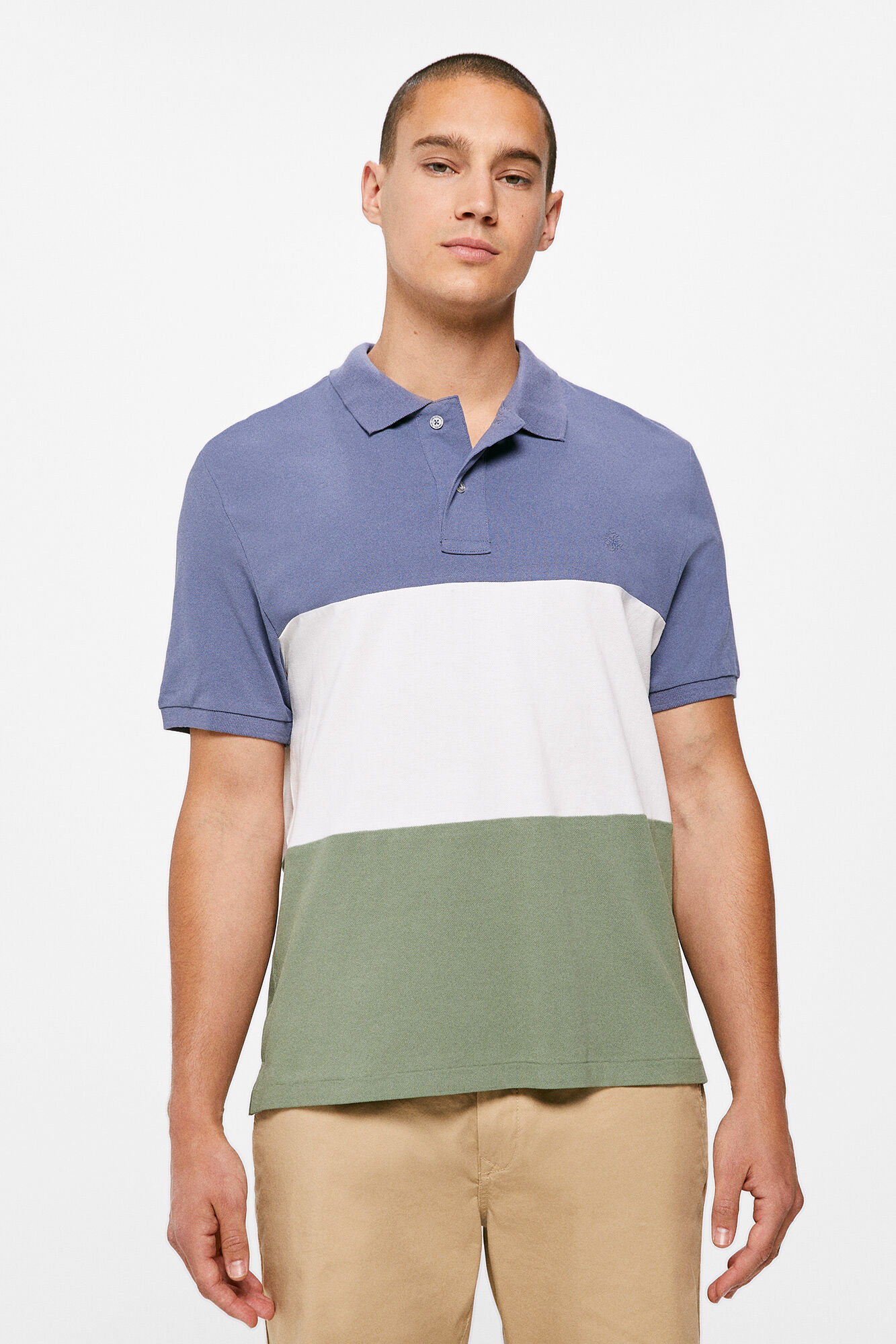 Camisa polo, estampa tricolor - azul médio