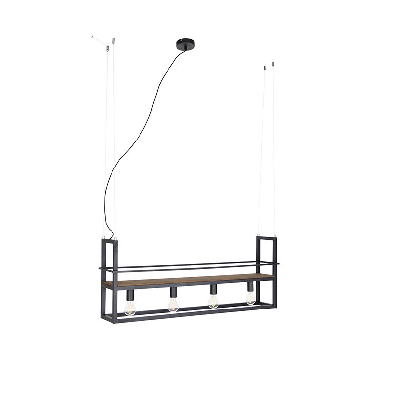 Industriële hanglamp zwart met hout en rek 4-lichts - Cage Rack