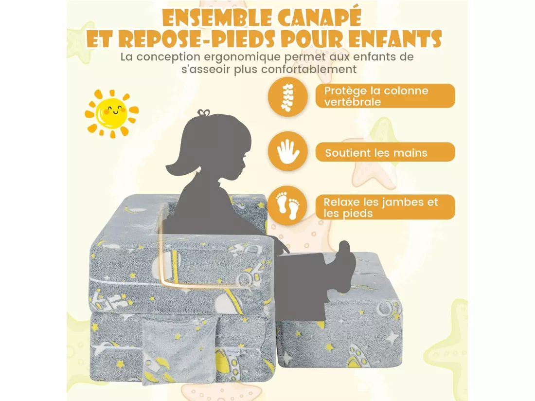 5 en 1 Canapé Enfants Lumineux (Brillant dans Le Noir) avec 2 Poufs & Motif de Vaisseau Spatial, Fauteuil Convertible en Tissu avec Poche Latérale, Housse Lavable, 3 Ans+