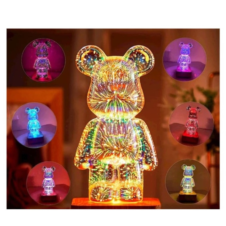 (20x9cm) USB Feuerwerk Bär Nachtlicht Deko Tischlampe 3D Projektor - Silber / Braun