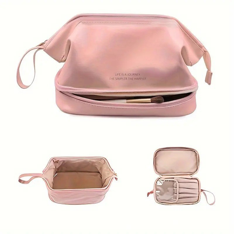 (24x16cm) Leder Kosmetik Make Up Tasche Necessaire Organizer Bag mit Bodenfach - Rosa