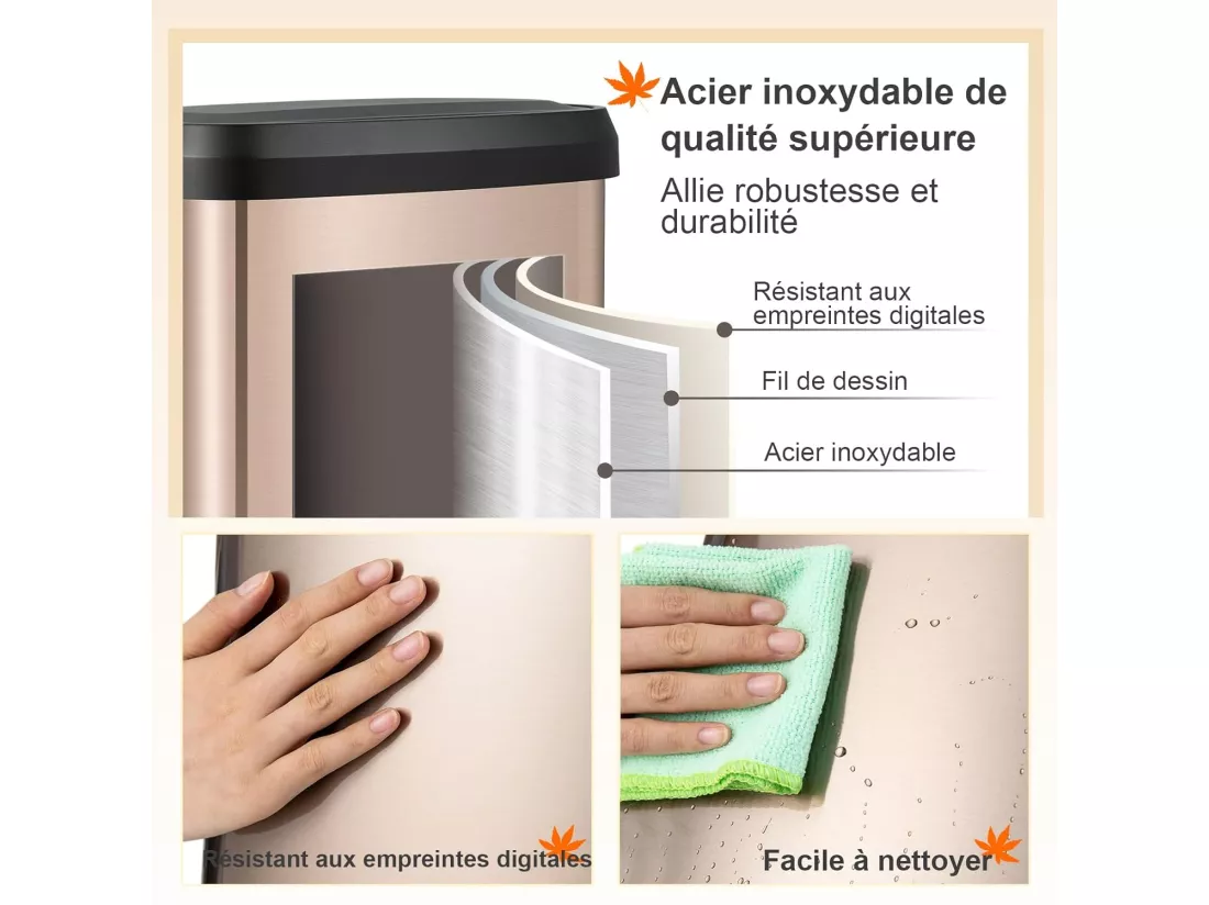 Poubelle Cuisine 50 Litres en Acier Métal, Poubelle Rectangulaire Pédale Amortisseur, Casier Désodorisant, Couvercle Fermeture Douce, Anti-Empreintes, pour Bureau, Salle de Bain (Or rose)