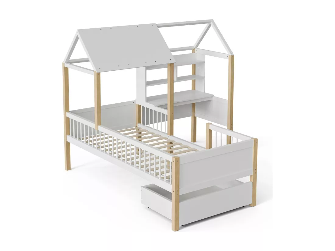Lit cabane 90 x 200 cm avec bureau en forme de L et étagère - tiroir avec roulettes - Bois massif et MDF - Blanc