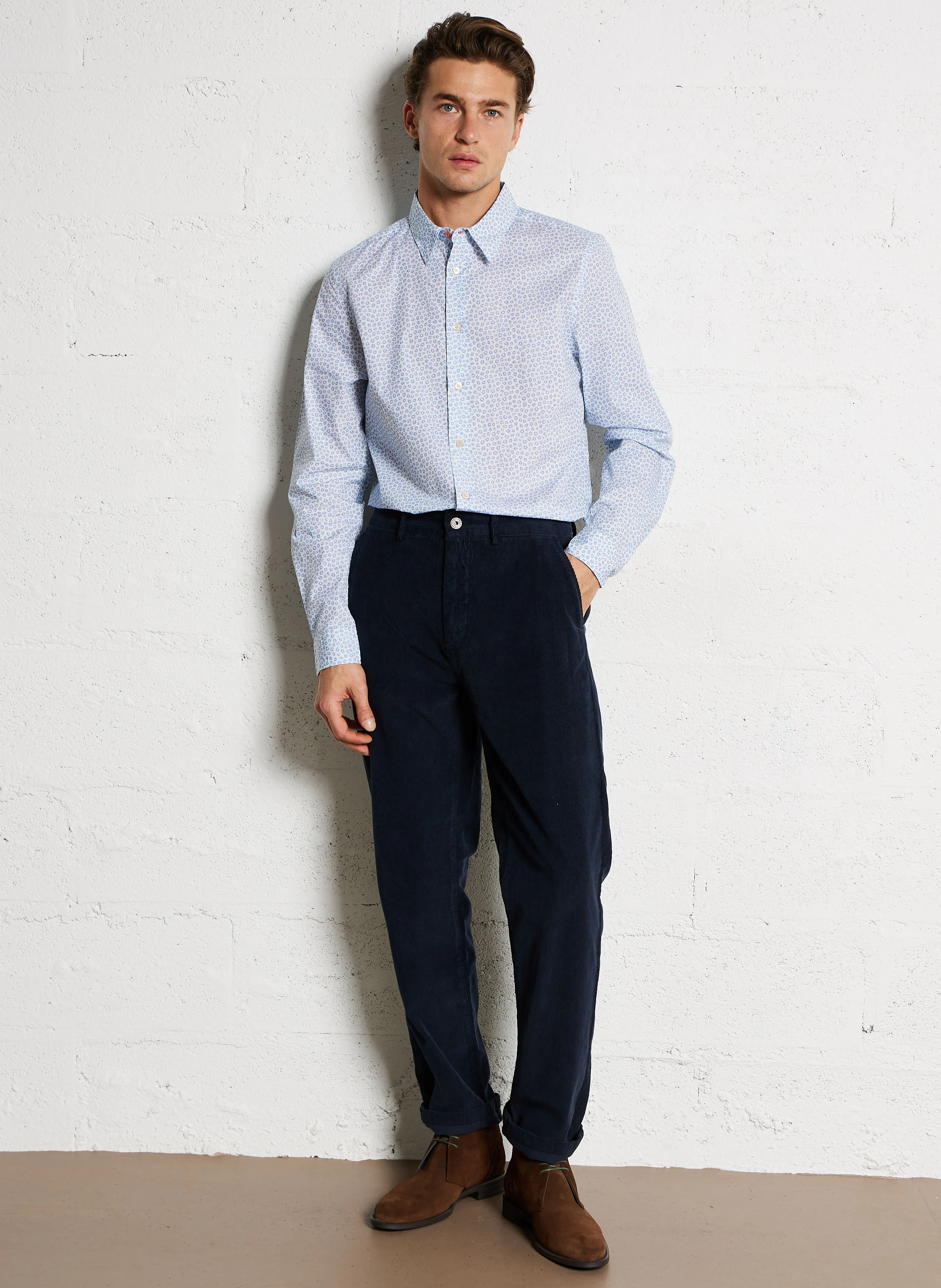 Chemise ajustée imprimée en coton| Bleu