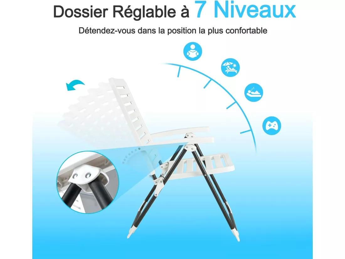 Chaise de Jardin Extérieur à Dossier Réglable 7 Niveaux, Chaise Pliante CamBoisg Inclinable Portable Cadre Métal, Fauteuil Jardin Extérieur pour Terrasse Piscine Cour, Charge 120 KG, Blanc, 1 Pièce