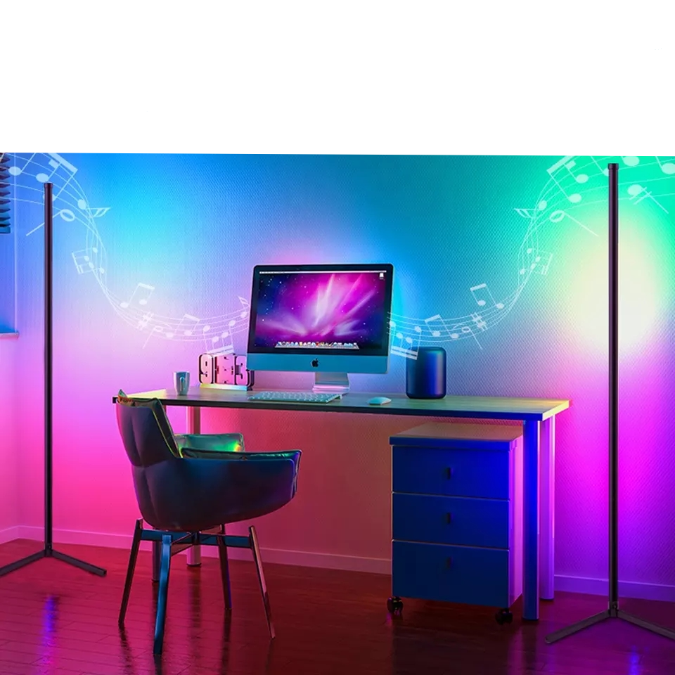 (150cm) LED RGB Stehlampe Gaming Hintergrund Beleuchtung mit Soundsteuerung und Appsteuerung   Fernbedienung - Schwarz