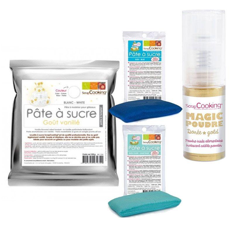 Kit pâte à sucre naissance garçon + 1 poudre alimentaire irisée dorée