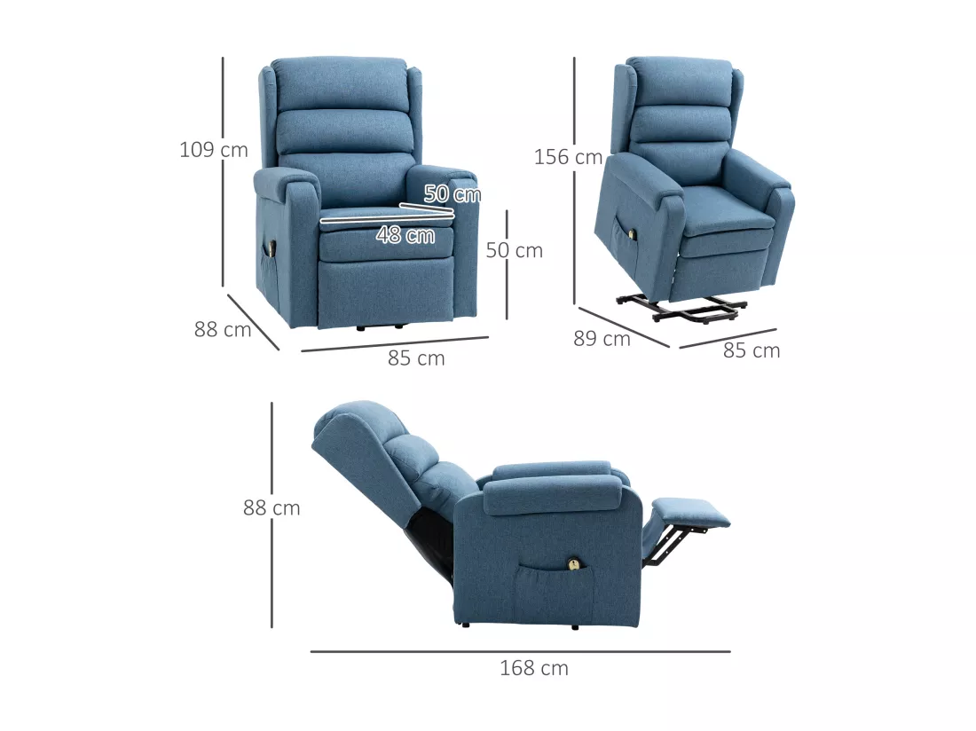 Fauteuil de relaxation électrique fauteuil releveur inclinable avec repose-pied ajustable télécommande tissu bleu
