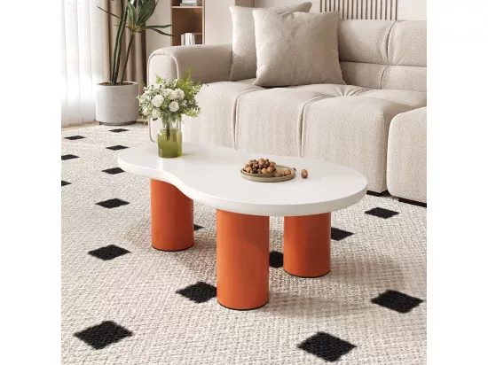Tables basse en forme de nuage - L 99,5 x l 43-58 x H 35.5 cm - plateau en MDF peint et pieds en PVC - Blanc + orange