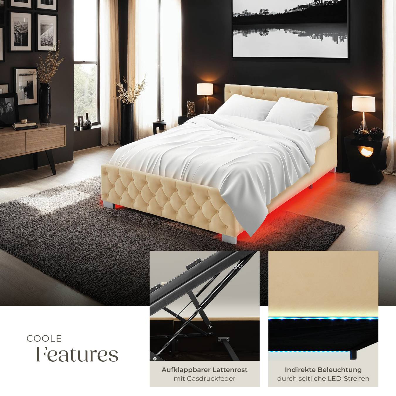Polsterbett mit LED-Leisten & Stauraum