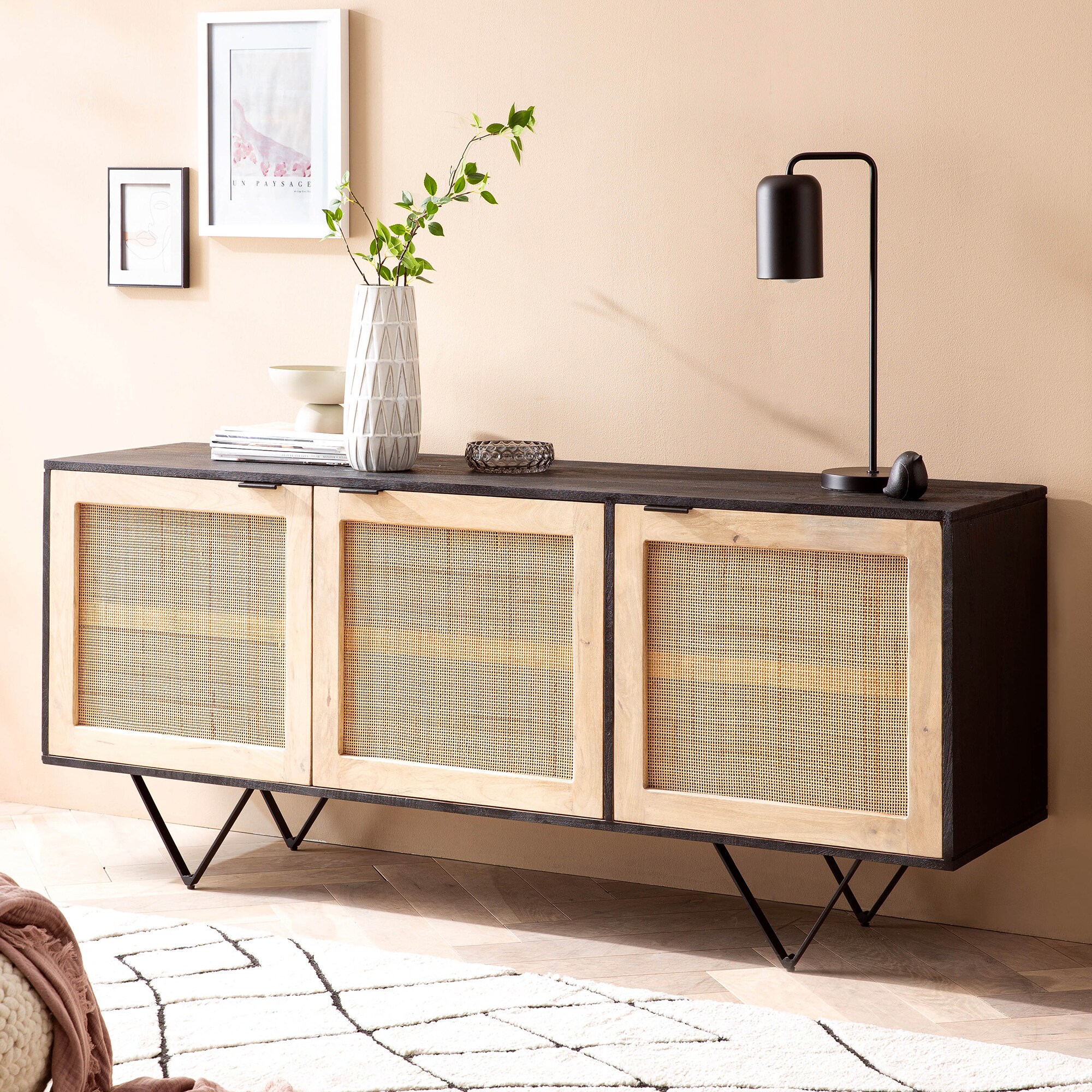 Sideboard FineBuy Anrichte 175x75x45 cm Massivholz Rattan Kommodenschrank