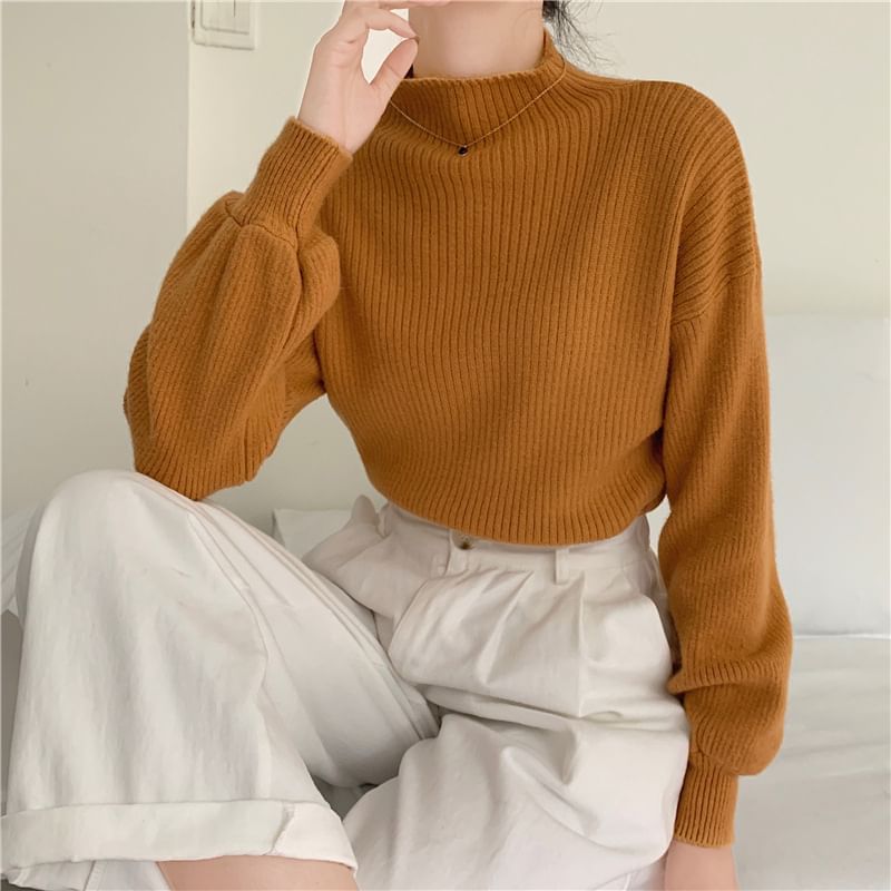 Yolandus - Effen trui met pofmouwen en mockneck