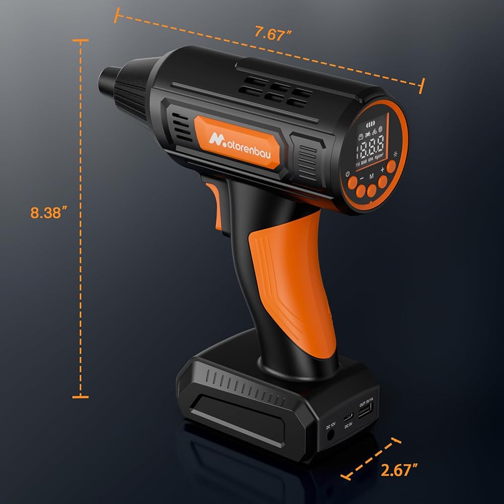 Motorenbau Gonfleur Pneus Voiture Numérique Portable,120W Compresseur d'air,Pompe à Air Alimentée par Batterie 12V,avec lumière LED,manomètre numérique,pompe à air rapide : Bricolage