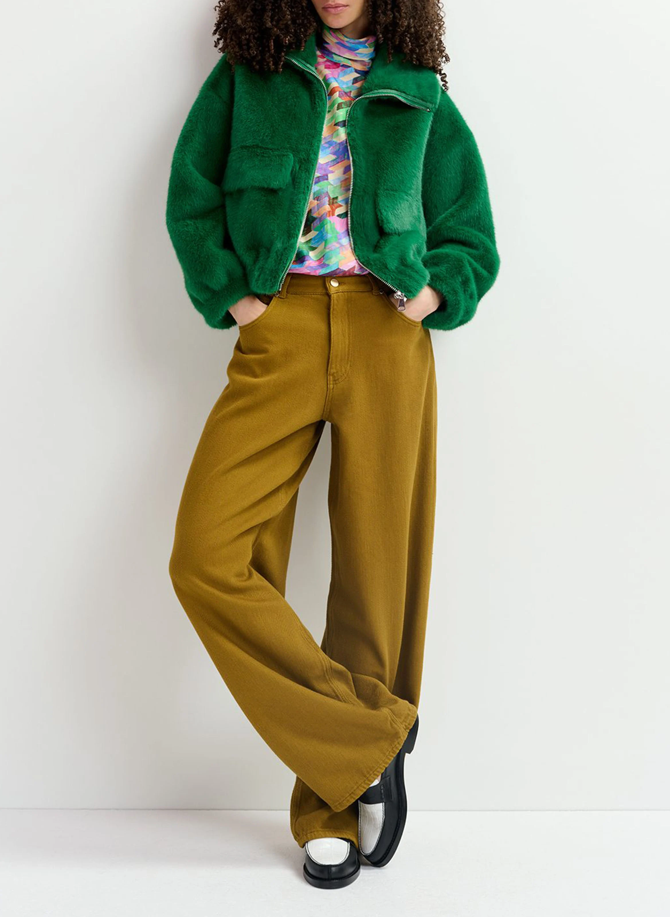 GENZ - Blouson col large en fourrure synthétique| Vert