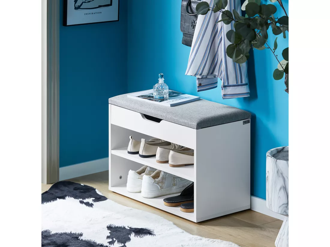 Banc de Rangement à chaussures 2 étages avec Grise coussin Commode à Chaussures blanc, FSR25-HG