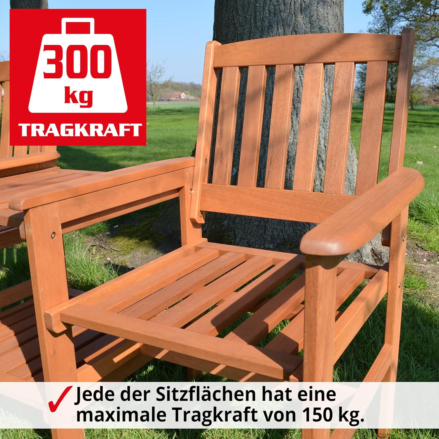 Hecht Gartenbank mit Gartentisch – 2 Sitzer – Friesenbank für Garten und Balkon – Holzbank aus hochwertigem Meranti Holz – mit Tisch – wetterfest – Outdoor Bank für 2 Personen - Gartenstuhl