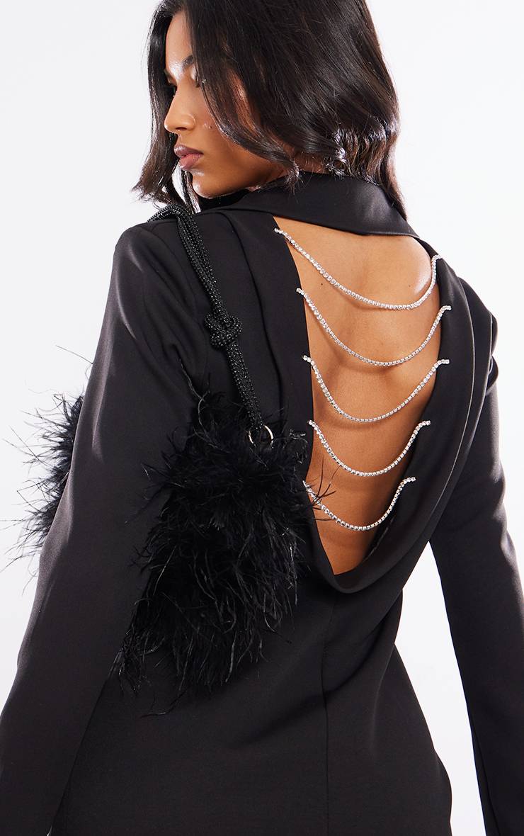 Noir Robe Blazer En Tissu Tissé Avec Détail De Dos Drapé En Diamants