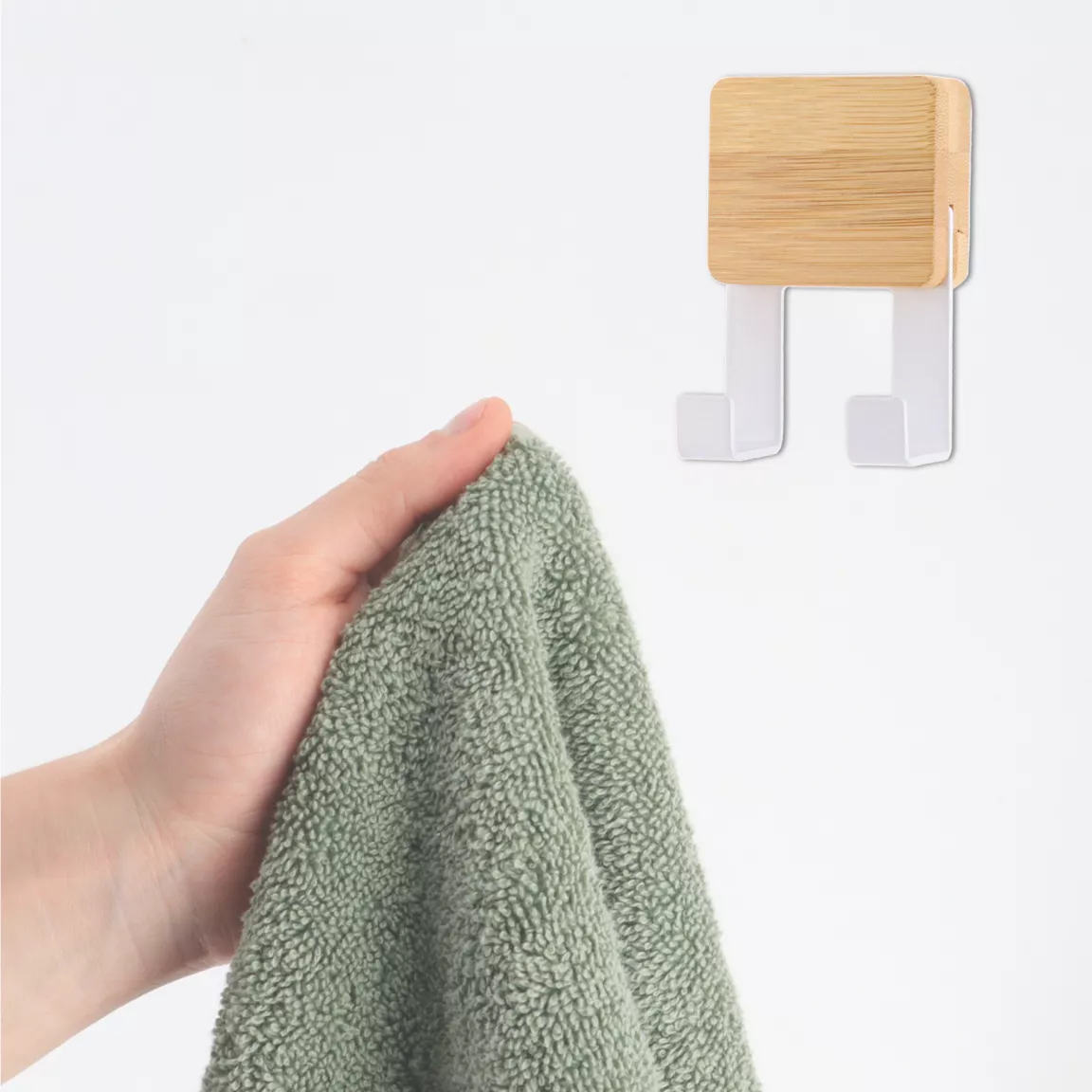 Patère adhésive carrée Crochet double 3M Bambou Blanc