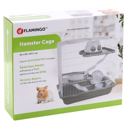 Gaiola em forma de flamingo com casinha cinza para roedores.