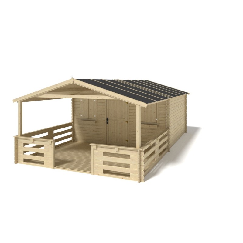 Abri de jardin en bois - 4x3 m - 20 m2 + terrasse avec balustrade et avant-toit en bois