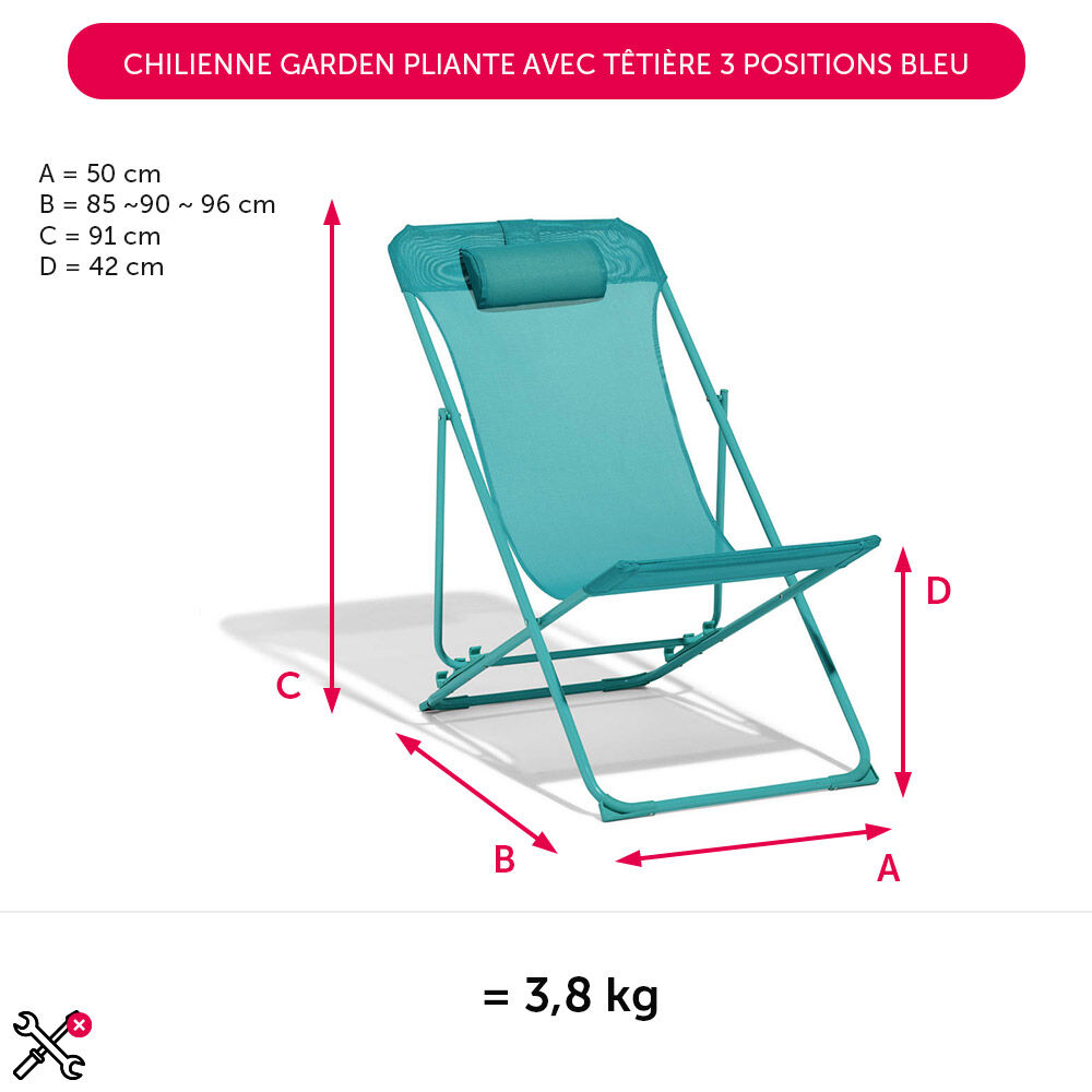 Chilienne Garden pliante avec têtière 3 positions bleu