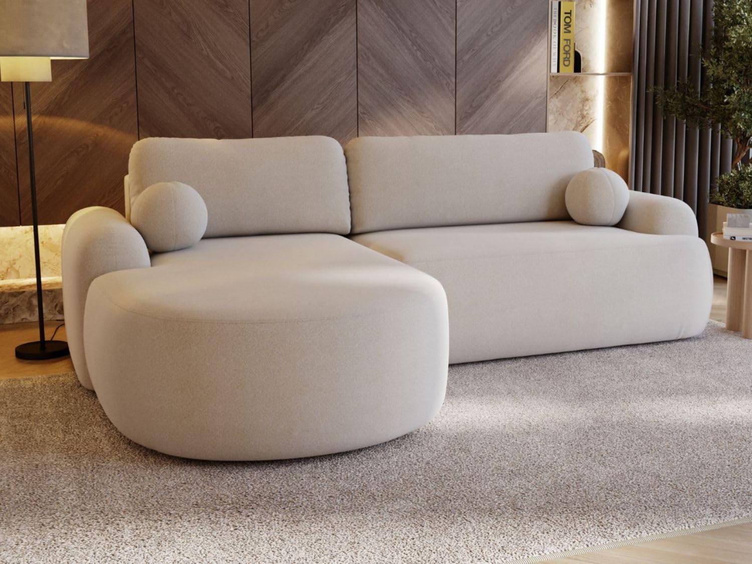 GRAINGOLD Aurio Ecksofa mit Schlaffunktion & Bettkasten 261x177 cm, L-Form Sofa mit Stauraum, Schlafcouch für Wohnzimmer, Bouclé-Stoff, 3-Sitzer Eckcouch, Modernes Design (Creme, Links)