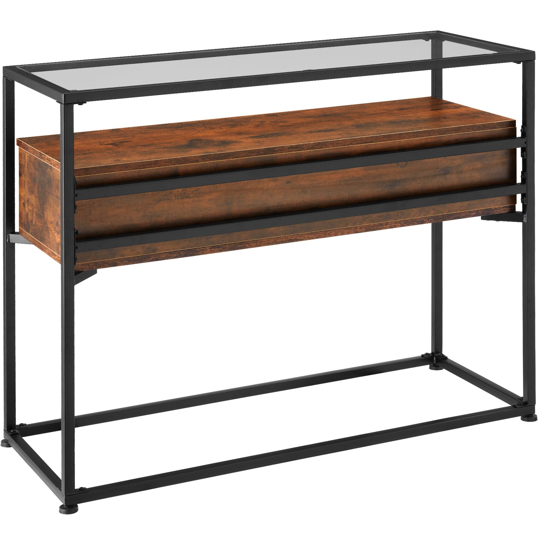 tectake® Konsolentisch, Industrial Style, Platte aus Sicherheitsglas, 2 große Schubladen, 101,5 x 41,5 x 80,5 cm