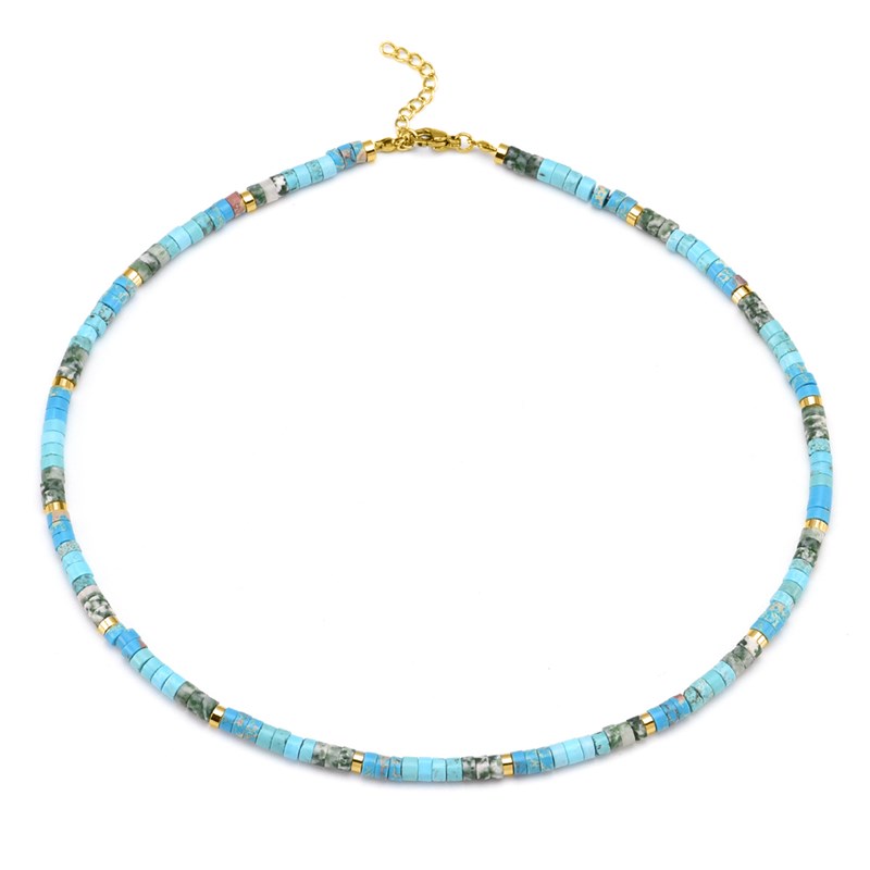 Collier Perles Heishi Turquoise Jaspe Bleu Et Verte-45 cm