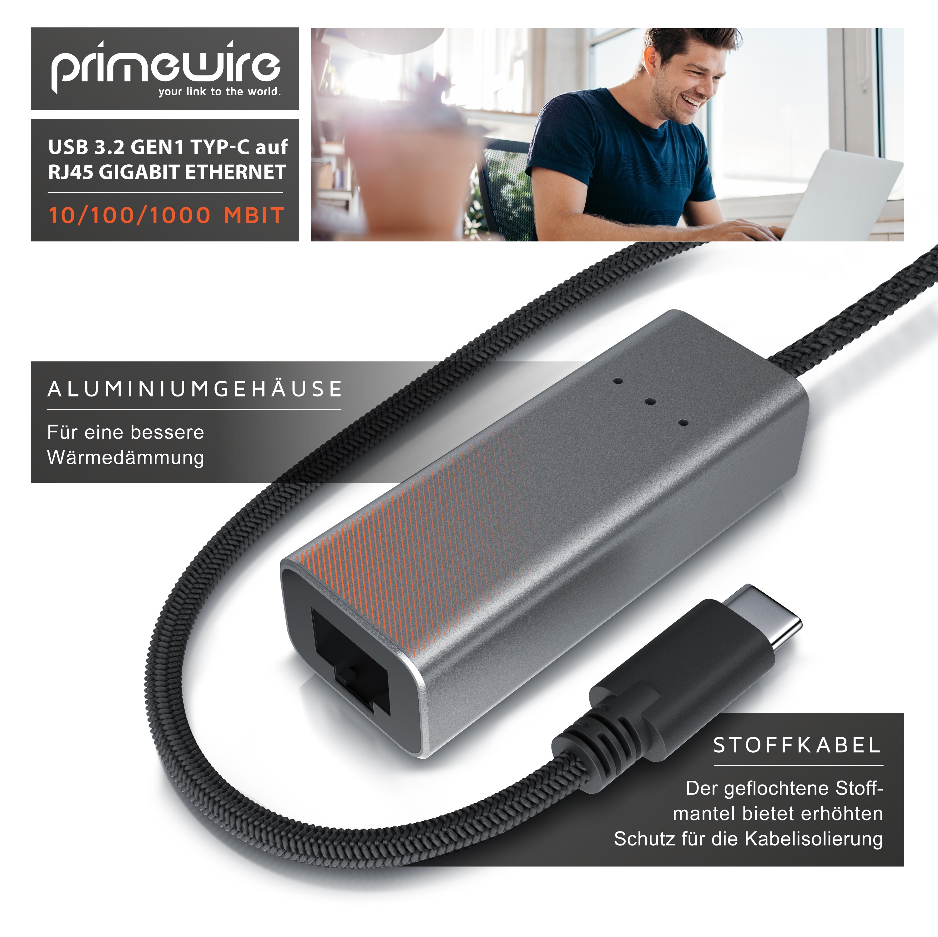 Primewire USB C Netzwerkadapter Gigabit - USB Typ C auf RJ45 Externe Netzwerkkarte RJ45 Konverter - Fast Ethernet 1000 Mbit - kompatibel mit iPad Pro