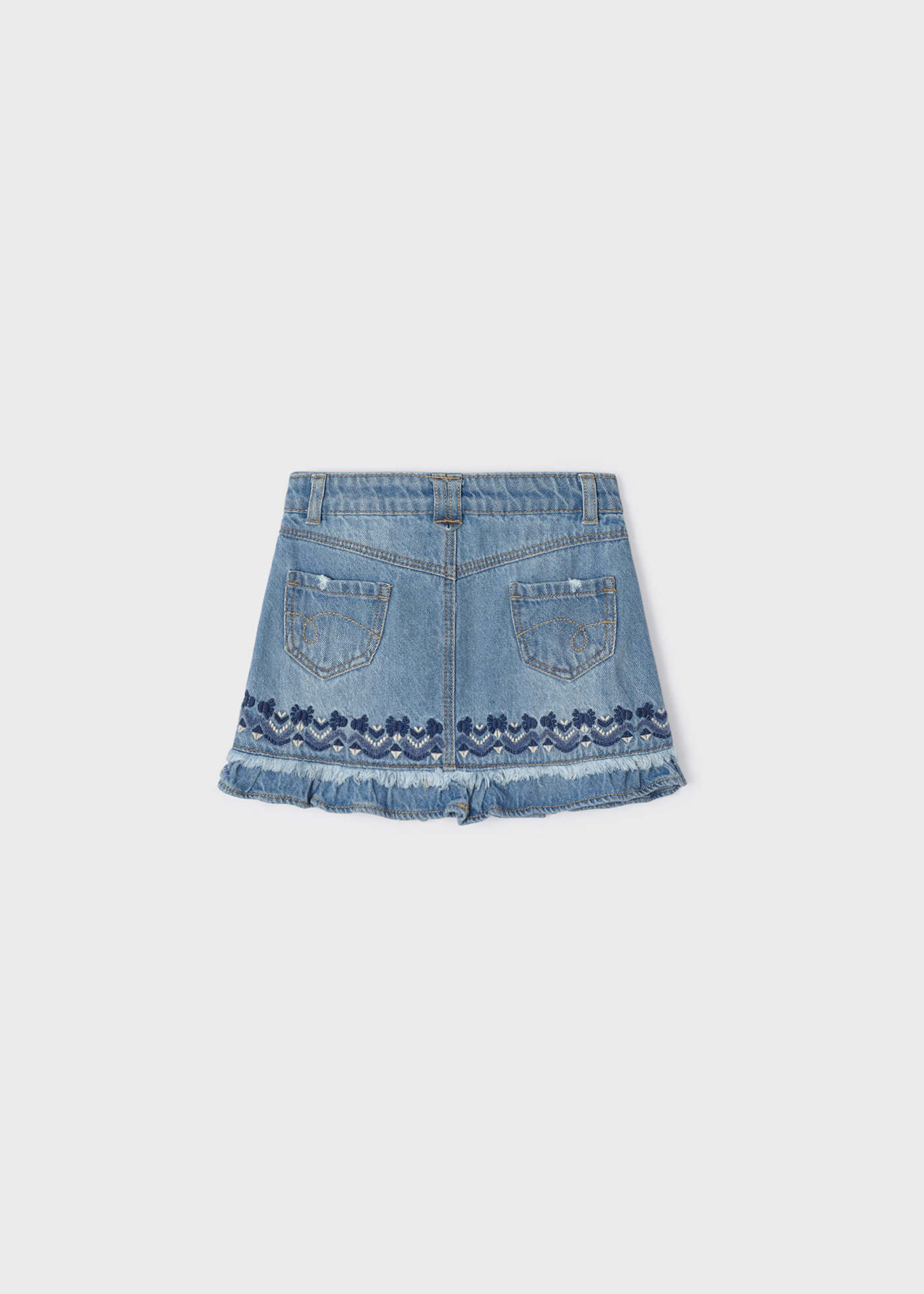Saia jeans com bordado em algodão para meninas