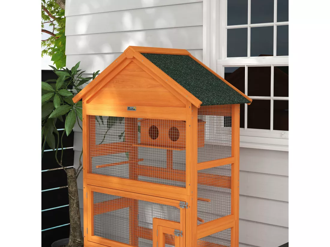 Cage à oiseaux volière grande taille 2 portes trappe toit asphalte tiroir amovible bois pré-huilé