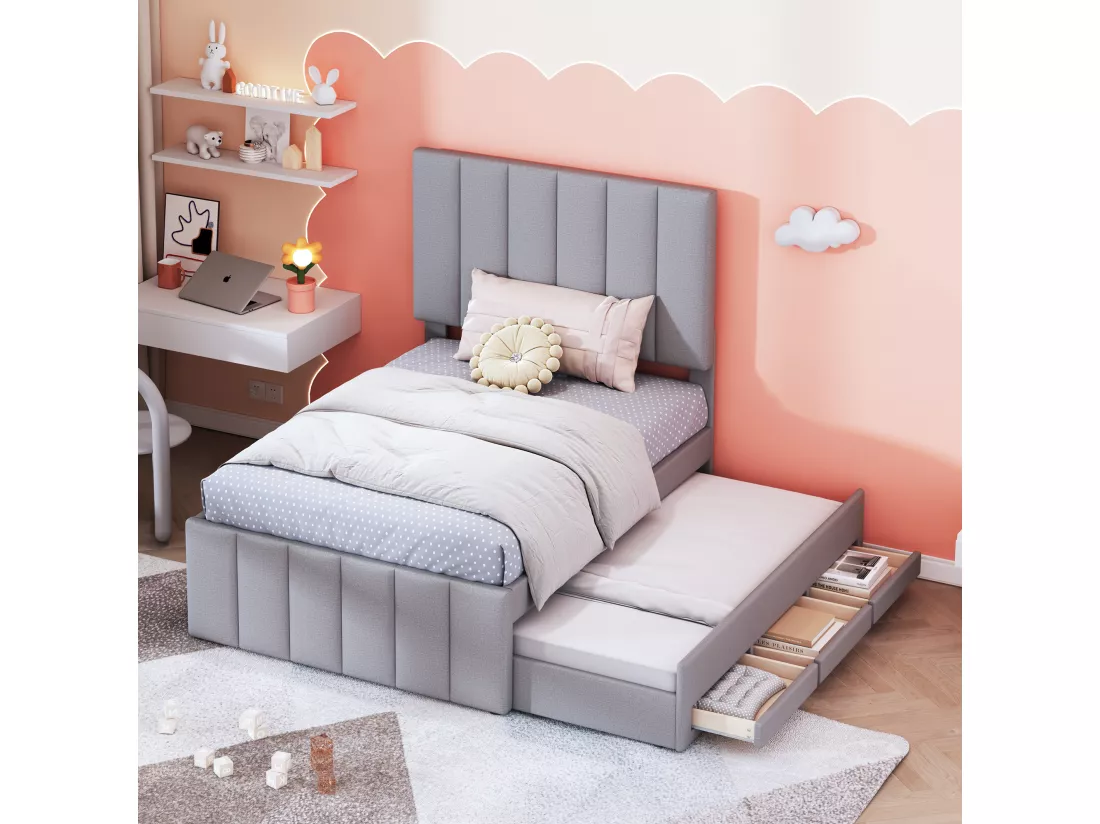 Lit gigogne 90 x 190/200 cm avec 3 tiroirs - tissu lin - sommier à lattes - gris