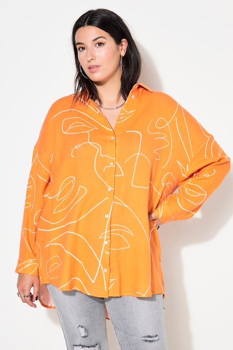 Hemdbluse, oversized, Musselin, Print, Langarm
