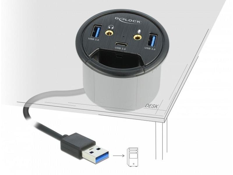 Delock Tisch-Hub USB 3.0 Typ A/C   HD Audio USB-/Audio-Hub für Tischplattenmontage: 3x USB und 2x HD-Audio
