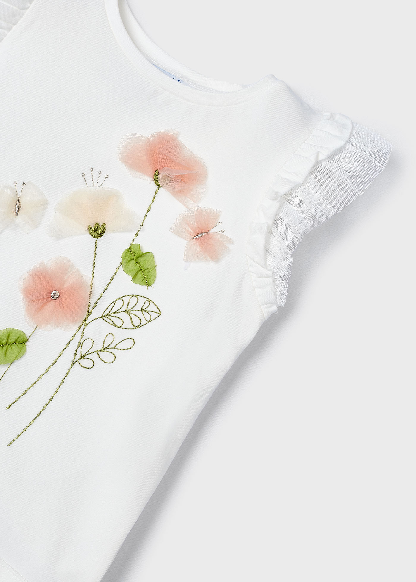 Camiseta feminina de tule floral, cor nude cru