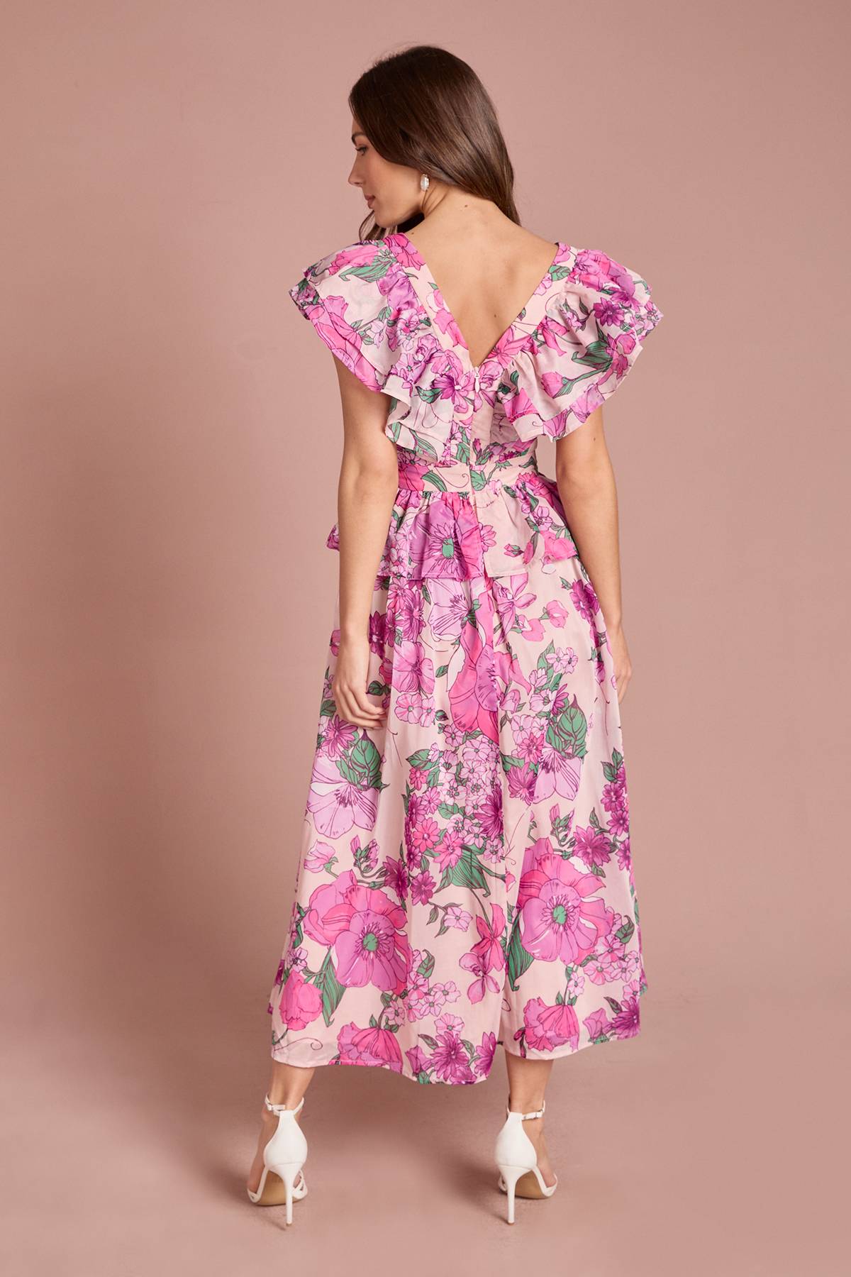 Coast Robe Midi Imprimée À Volants En Organza Et Col En V